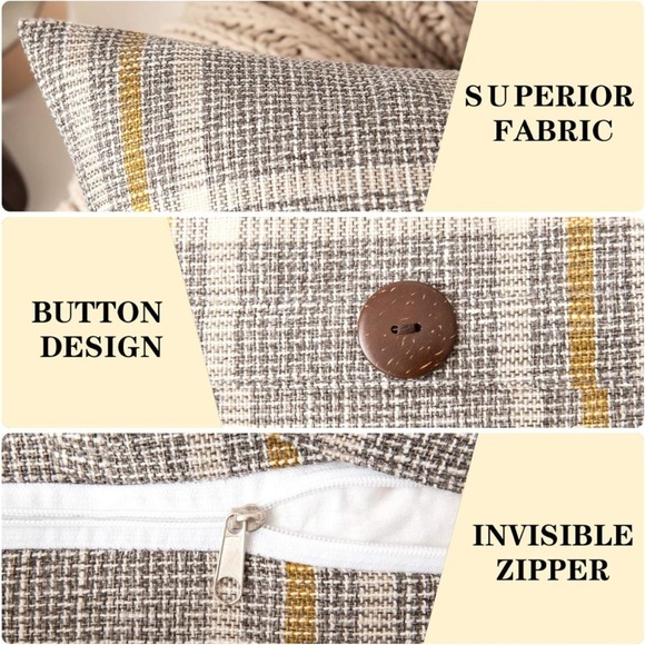 Farmhouse Plaid Linen Grey Tan Cream Striped Button Throw Pillow Decor Cover - Picture 3 of 6
